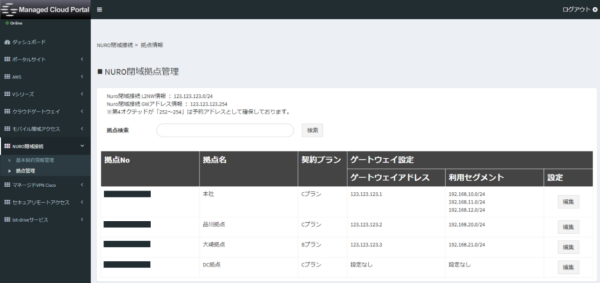 NURO閉域拠点管理画面イメージ NURO閉域拠点管理画面イメージ