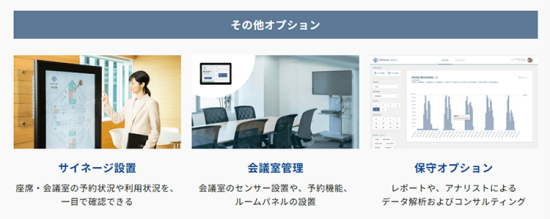 その他オプション サイネージ設置 座席・会議室の予約状況や利用状況を、一目で確認できる 会議室管理 会議室のセンサー設置や、予約機能、ルームパネルの設置 保守オプション レポートや、アナリストによるデータ解析およびコンサルティング