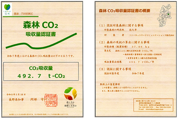 森林CO2吸収量認証書